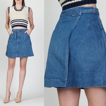 70s Osh Kosh Denim Wrap Skirt - Small | Vintage Blue Jean A Line High Waist Pocket Mini Skirt 