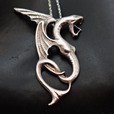 Gothic 70's sterling wyvern dragon pendant, edgy 925 silver sea serpent twisted box chain necklace 