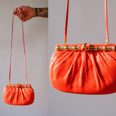 Vintage 80s Judith Leiber Blood Orange Karung Snakeskin Semi Precious Stone Crossbody Handbag w/ Accessories | 1980s Luxury Designer Purse 
