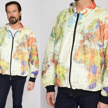 XL 80s World Map Tyvek Jacket | Vintage Kurt Cobain Lightweight Collectible Paper Windbreaker 