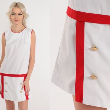 Mod Mini Dress 60s White Shift Dress Built In Shorts Red Ringer Retro Sixties Day Romper Gogo Sleeveless Twiggy Retro Vintage 1960s Small S 