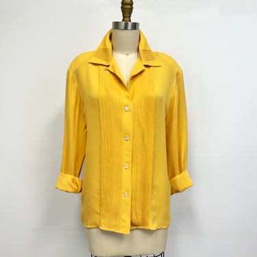 Vintage Silk Blouse with Tuxedo Pleats and Shoulder Pads |  1980s  Yellow Top| Size 4 