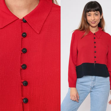 Color Block Blouse 90s Red Black Top Button Up Shirt Long Sleeve Retro Colorblock Collared Simple Minimalist Vintage 1990s 12 Petite Large 
