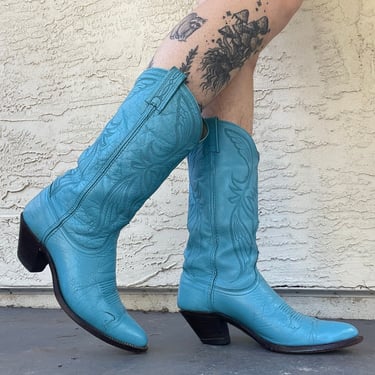 70s Dan Post cowboy boots, turquoise painted, women’s 9.5 