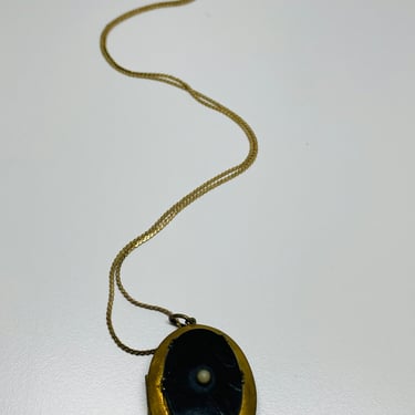 Gold Oval Locket with Black Stone and Gold Filled Chain