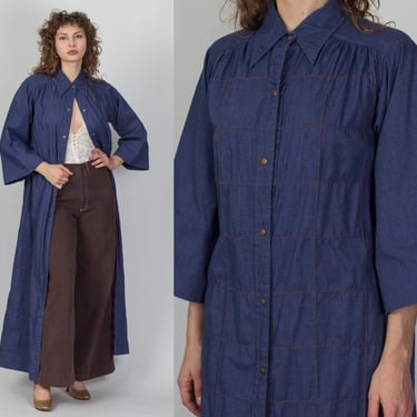 60s 70s Chambray Models Coat House Dress - Large | Vintage Blue Patchwork West Cal 45 Snap Up Maxi Lounge Dress 