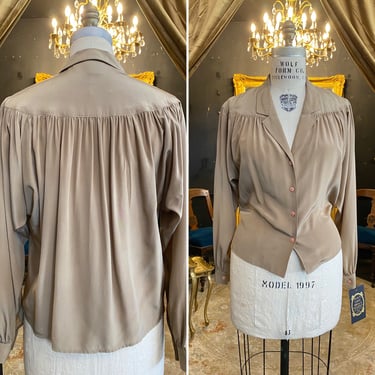 1980s silk blouse, Ann Klein, vintage batwing blouse, medium, button front, heavily gathered, long sleeve, secretary, 36, minimalist 