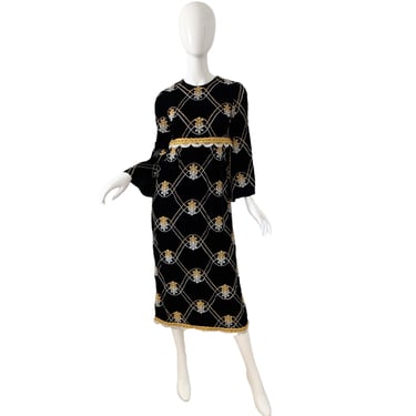 70s Eloise Curtis For Happenstance Dress / Vintage Gold Embroidered Dress / 1970s Metallic Velvet Party Dress 