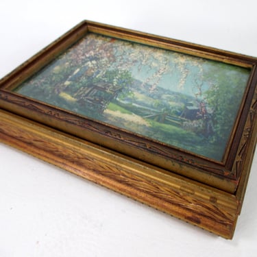 Antique Carved Wood Litho Print Framed Dresser Top Box w Lift Lid 1930s Vanity Keepsake Jewelry Storage w Mirror Vintage Boudoir Chest 