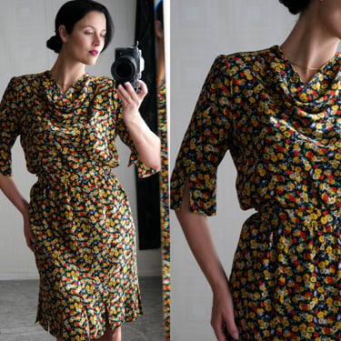 Vintage 80s ADOLFO for Saks Fifth Avenue Black Silk Vivid Wildflower Print Dress w/ Draped Neckline | 100% Silk | 1980s Designer Silk Dress 