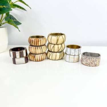 Vintage Mixed set of 11 Napkin Ring Holders, Made in India Brass stone wire wrapped, Mother of pearl shell & Brass Napkin Rings Earth tones 
