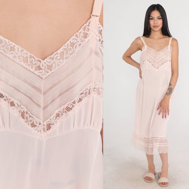 70s Slip Dress Pale Pink Midi Lingerie Nightgown Sheer Floral Lace Trim Slip Adjustable Straps Empire Waist Vintage 1970s Femicraft Medium M 