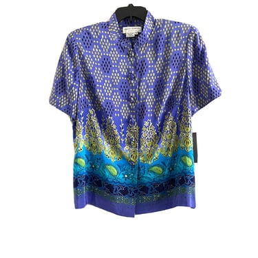 80s Vintage Maggy London Blue Silk Dotted Artsy Print Button Up Blouse 