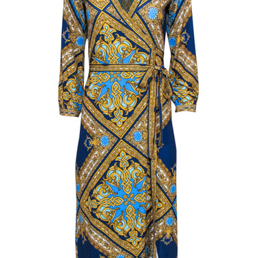 Hale Bob - Blue &amp; Gold Filigree Printed Long Sleeve Wrap Dress Sz XS
