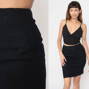 Black Wool Skirt 90s Mini Pencil Skirt Retro Plain High Waisted Wiggle Skirt Tight Fitted Skirt Preppy Plain Vintage 1990s Extra Small xs 2 