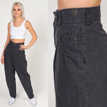 Black Pleated Trousers 90s High Waisted Pants Vintage Baggy Tapered Leg Paper Bag Mom Pants Cherokee 1990s Cotton Extra Small xs 25 