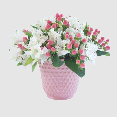 Mid-Century Modern Pink Fire King Hobnail Planter, Milk Glass Bowl, Vintage Home Decor 