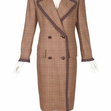 Valentino 1990s Vintage Brown Houndstooth Wool Double-Breasted Coat 
