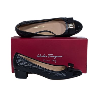 Ferragamo - Black Leather Quilted Bow Toe Basic Pumps Sz 10.5