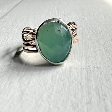 Handmade Chalcedony cocktail Ring in Sterling Silver Bezel on 14k Goldfill Twiggy Wide Band One of a Kind silver and gold aqua teal colored 