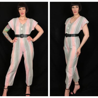 Vintage 1980's Pink Grey White Striped Cotton Jumpsuit - size Medium 