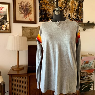 Vintage 80's Sears Warm Colored Sleeve Detail Long Sleeve Single Stitch Shirt 