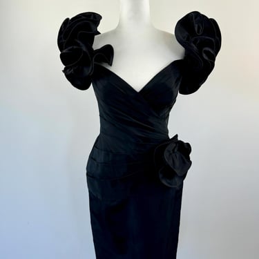 1980s Tadashi Black Taffeta Cocktail Dress 