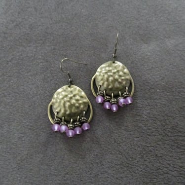 Lavender frosted glass and hammered bronze chandelier earrings 