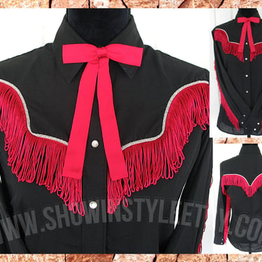 Rockmount Ranchwear Vintage Western Women's Cowgirl Shirt, Rodeo Blouse, Black with Red Fringe, Tag Size 34, Approx. Small (see meas. photo) 