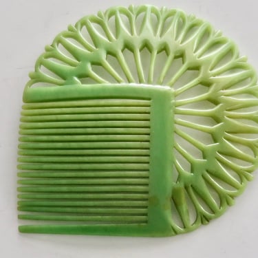 AUGUSTE BONAZ Art Deco Celery Green Floral Side Comb, French Antique Hair Comb, Celluloid Hair Comb, 