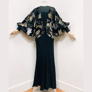 1980s Art Deco Dress with Gold & Silver Fall Leaf Print, Dramatic Dolman Sleeves 100% Silk by Lillie Rubin - LianCarlo | Vintage, Cocktail 