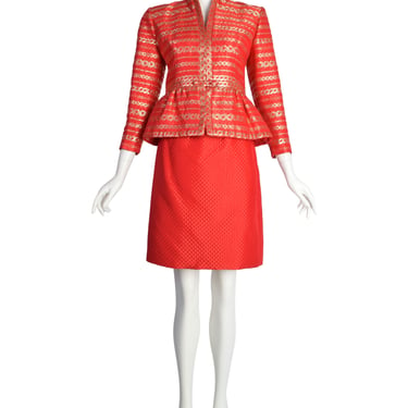 Pauline Trigere Vintage Red and Gold Chain Print Brocade Quilted Satin Jacket Skirt Suit Ensemble