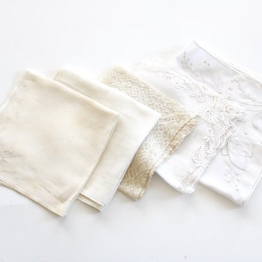 Vintage White Linen Handkerchief Bundle - Five Embroidered Lace Drawnwork 