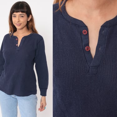 Hanes Thermal Shirt Navy Blue 80s Henley Long Sleeve Shirt Waffle Knit T Shirt Button Neck Tshirt Vintage Plain Simple 1980s Medium 