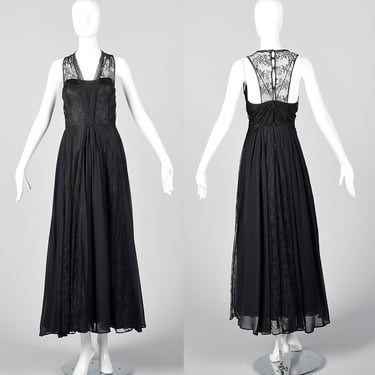 Medium 1990s Rickie Freeman for Teri Jon Black Silk Evening Gown Sheer Lace Back Long Formal Dress 90s Vintage 