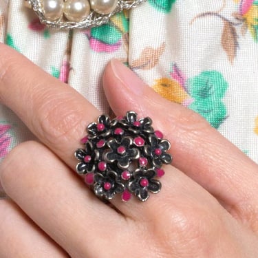 Lovely Vintage Pink Metal Flower Adjustable Statement Ring 