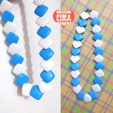 Cute Vintage 70s 80s Sky Blue & White Square Beaded Necklace 