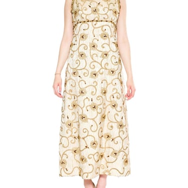 1960S Gold Lamé Rayon Blend Jacquard Gown With Embroidered Rope Vines & Crystal Flowers 