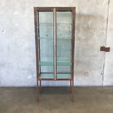Antique Metal Framed Glass Medical Cabinet w/ Key