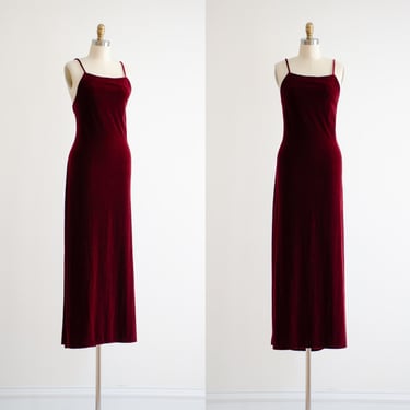 red velvet dress 90s y2k vintage burgundy minimalist low back tight stretchy floor length velvet gown 