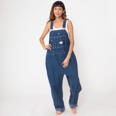 Dark Blue Denim Overalls 90s Round House Workwear Railroad Engineer Bib Overalls Hammer Loop Carpenter Dungarees Heritage Americana Men's XL 