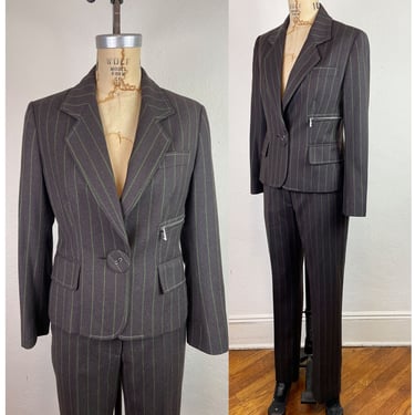 Vintage 1990s Jean Charles de Castelbajac Brown and Green Pinstripe Pantsuit 90s Castelbajac Paris Suit S/M 