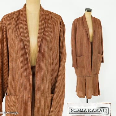 Norma Kamali | 1980s Brown Jacket Skirt Set | 80s Brown Casual Skirt Set | Norma Kamali | Large 