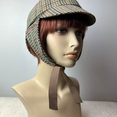 Vintage Wool tweed Sherlock Holmes type hat~ earthy herringbone tweed plaid sporty 60’s UK cap with optional ear flaps~deer stalker/ Large 