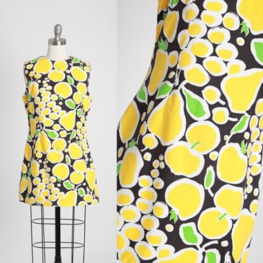 Vintage 60s MOD fruit dress | 1960s MOD yellow cotton mini dress 