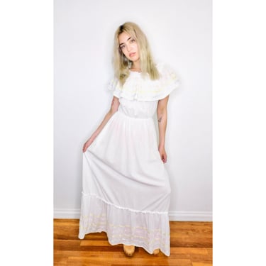 Saybury Dress // vintage sun country 70s boho hippie cotton hippy maxi Gunne Sax style white wedding // S/M 