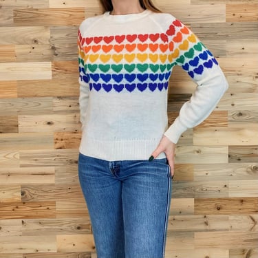 Authentic 1970's Vintage Knit Rainbow Hearts Sweater 