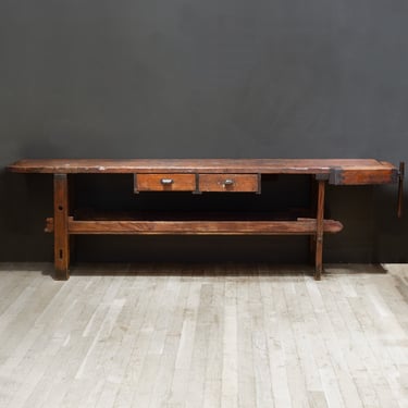 19th c. Monumental American Carpenter's Workbench with Two Drawer c.1850-1890