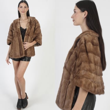 Authentic 60s Womens Real Brown Mink Fur Stole With Pockets 