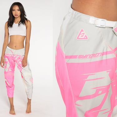Motocross Pant Y2K Answer Riding Moto Pants Pink White Dirtbike Racing Extreme Sports Knee Pad Adjustable Waist Vintage 1990s Extra Small xs 